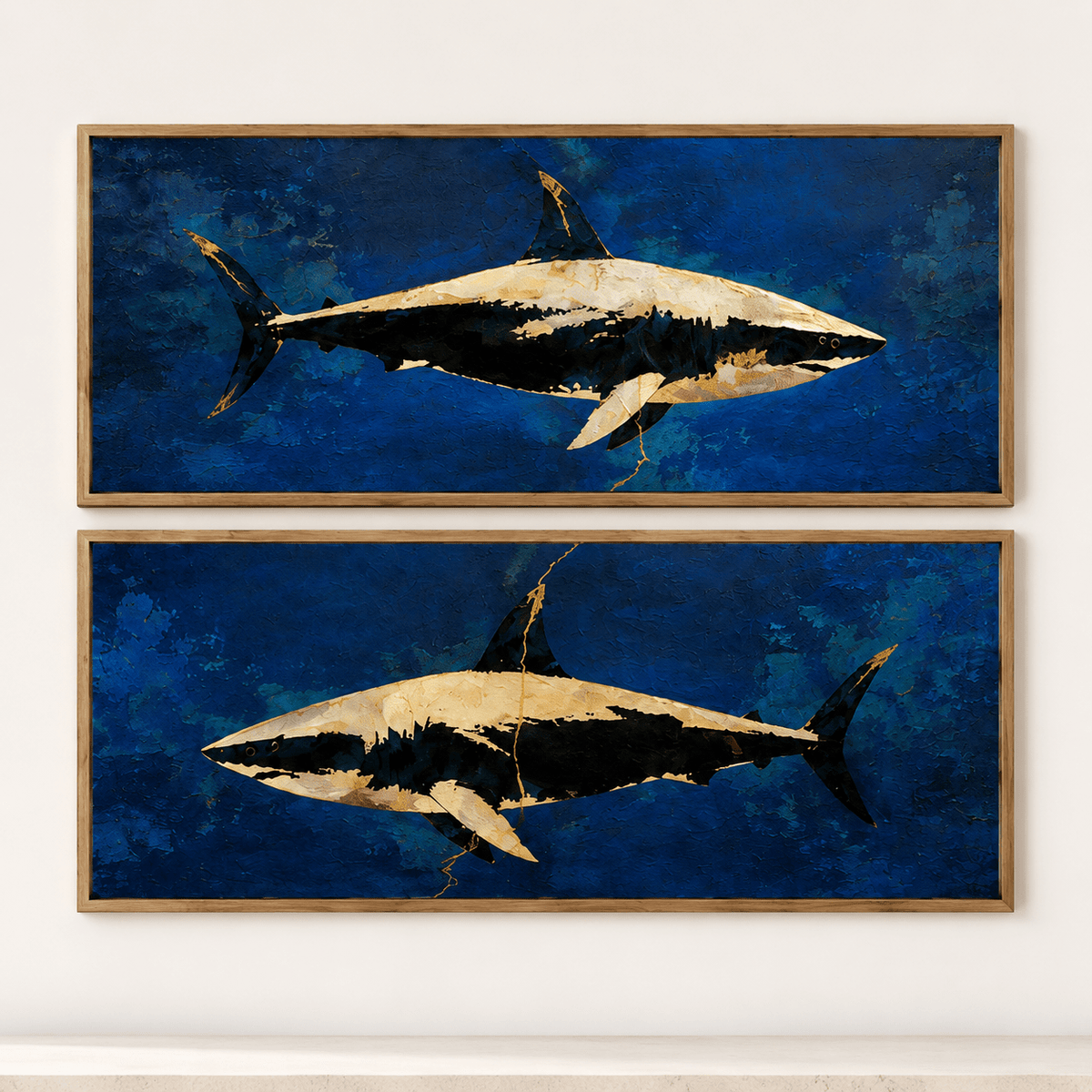 Shark Wall Art Set of 2 — Blue Current, horizontal marine canvas print room view 5