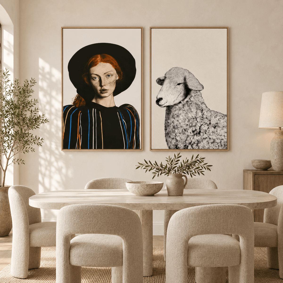 Sheep wall art and portrait canvas set hung above a dining table – Muse & Meadow by Rossetti Art