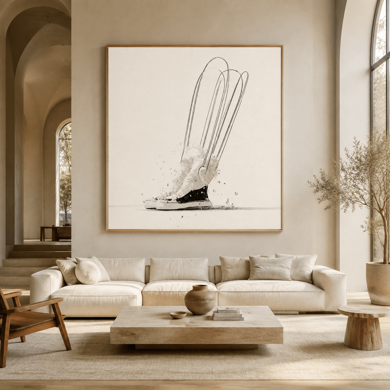 Sneaker Painting – Stride Study hanging above a beige sectional sofa in a bright, arched living room