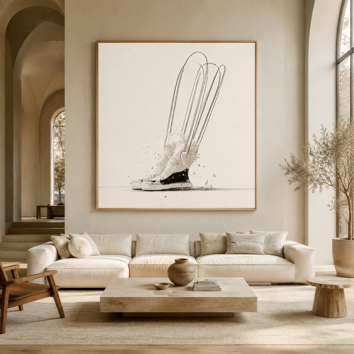 Sneaker Painting – Stride Study hanging above a beige sectional sofa in a bright, arched living room