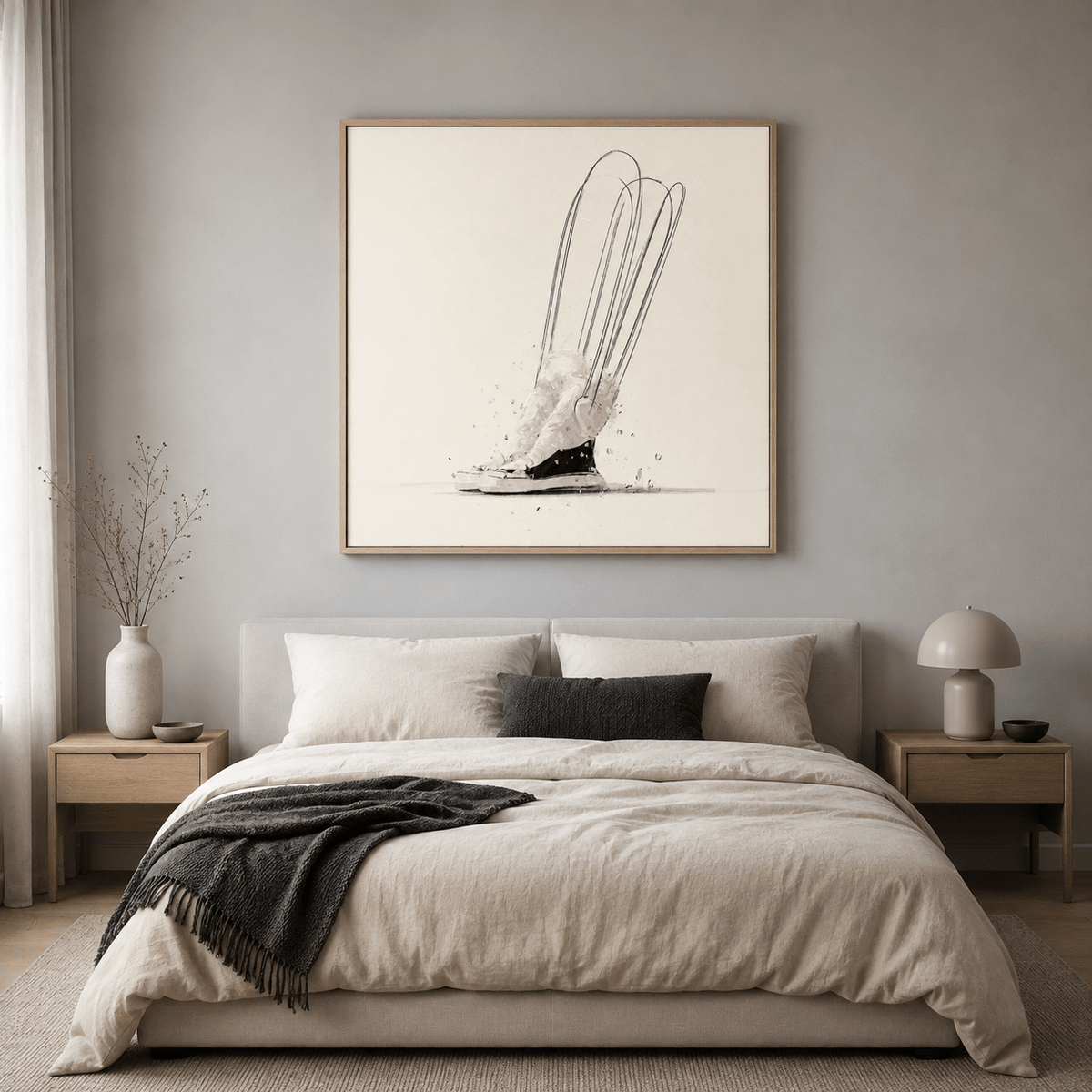 Sneaker Painting – Stride Study hung above the bed in a soft gray bedroom