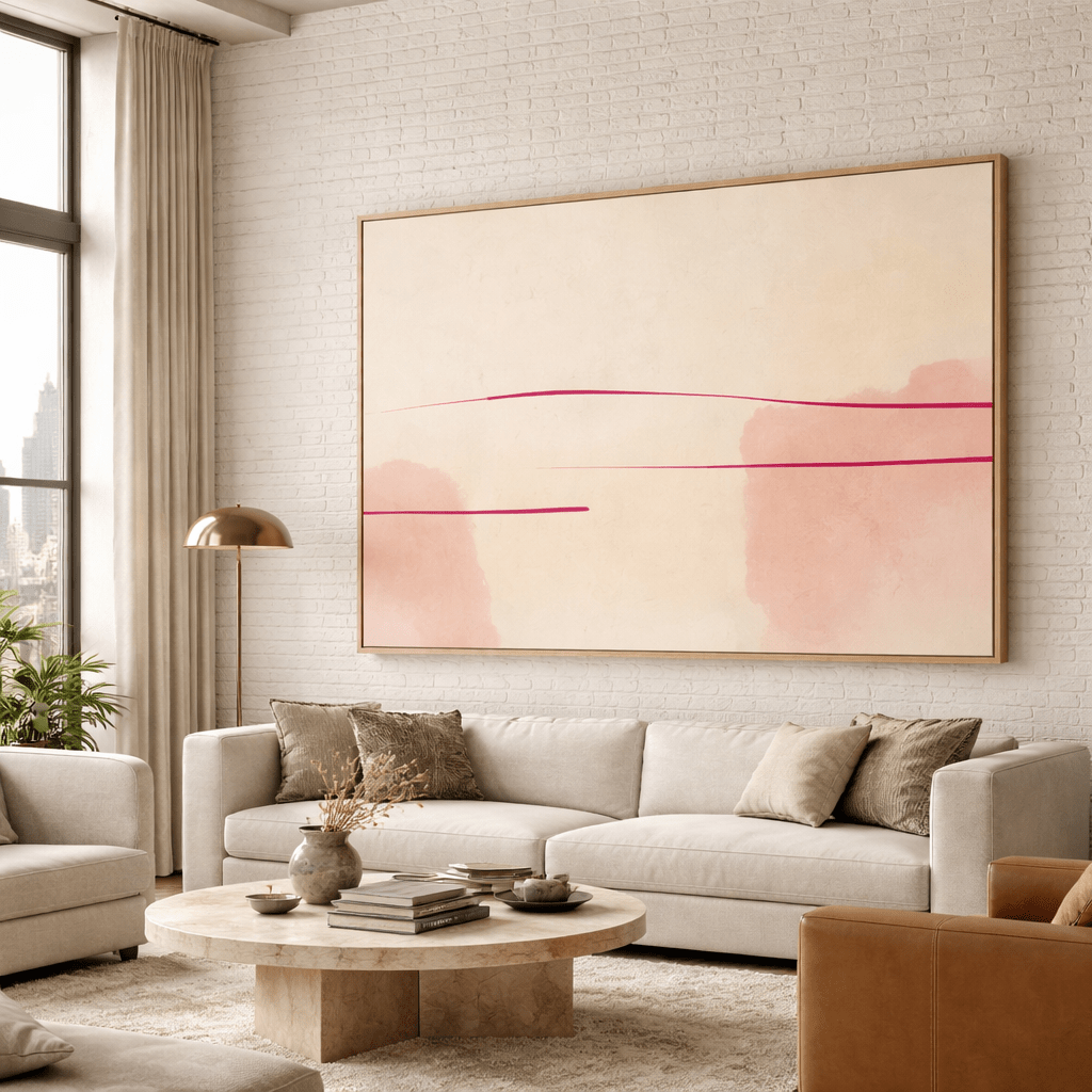 Soft Horizon – Minimalist Blush Pink Canvas Print modern abstract canvas wall art by Rossetti Art – luxury interior design artwork for living room, bedroom, office – abstractnew horizontal art print Poplar floater frame art