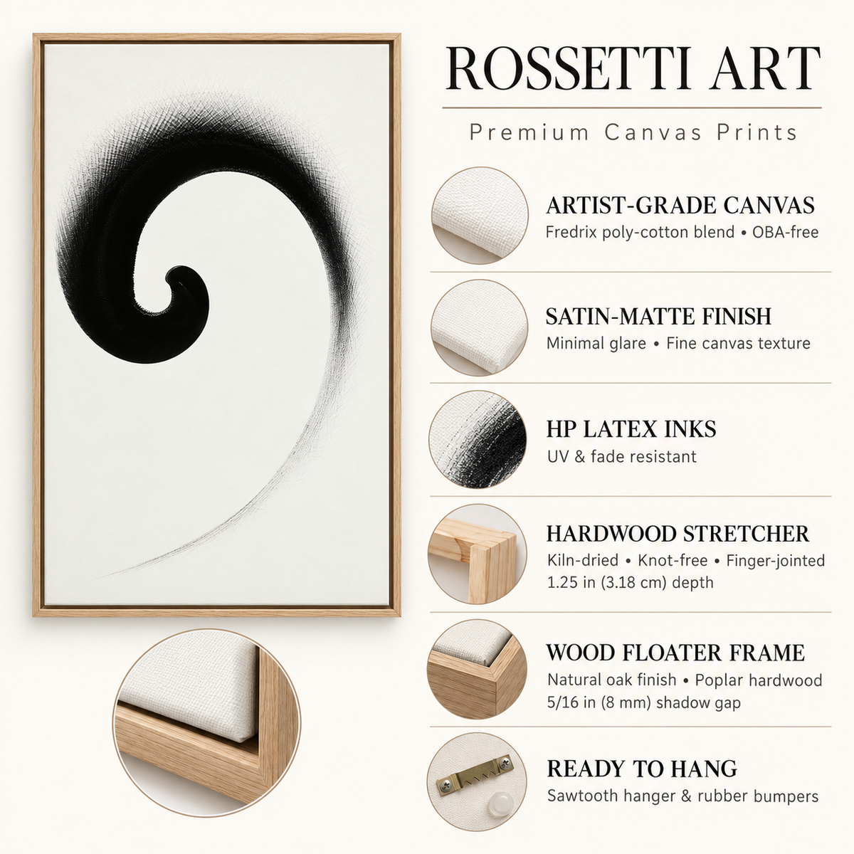Spiral Painting Canvas Print – Ink Vortex framed canvas specifications by Rossetti Art