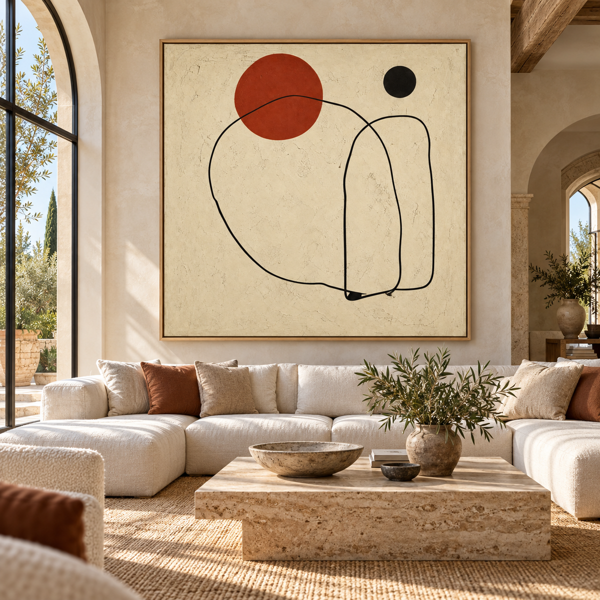 Square Abstract Wall Art – Quiet Contour by Rossetti Art – large square minimalist canvas above a cream sofa in an arched Mediterranean living room