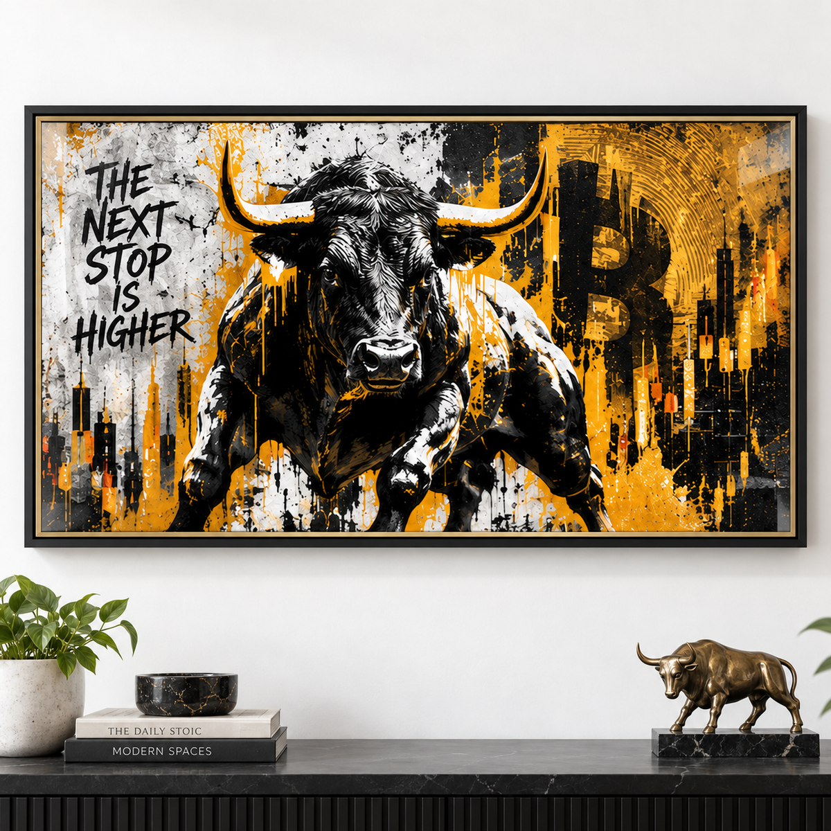 Stock market wall art – close-up of the glossy acrylic surface and black floater frame corner by Rossetti Art