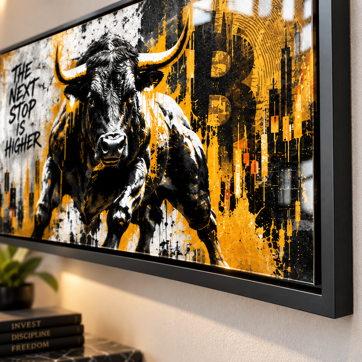 Stock market wall art – horizontal black and gold bull acrylic print styled in a modern interior by Rossetti Art