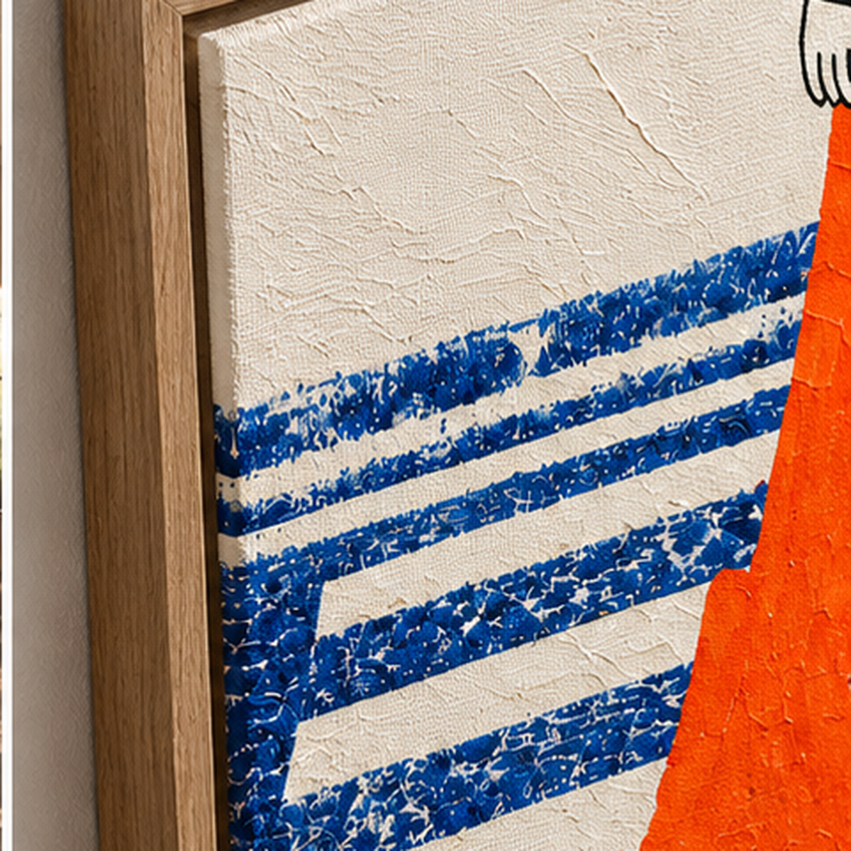 Close-up of the textured canvas and oak floating frame corner of Street Style Wall Art – Zebra Crossing