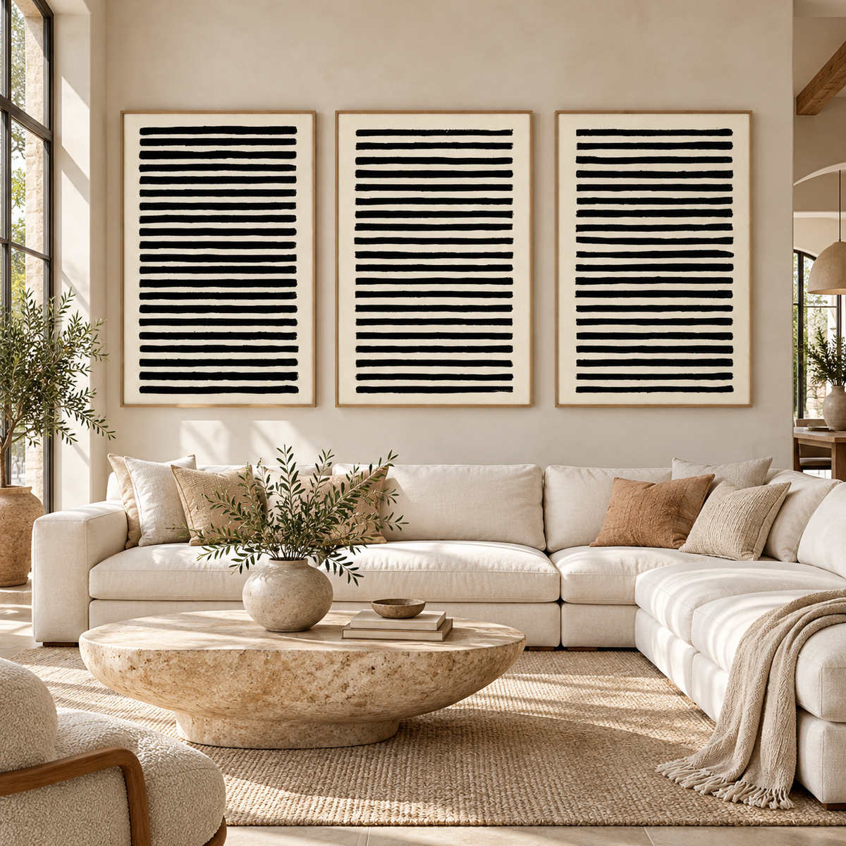 Stripe Wall Art Canvas Print Set of 3 – Ink Ledger above a cream sectional sofa in a living room by Rossetti Art
