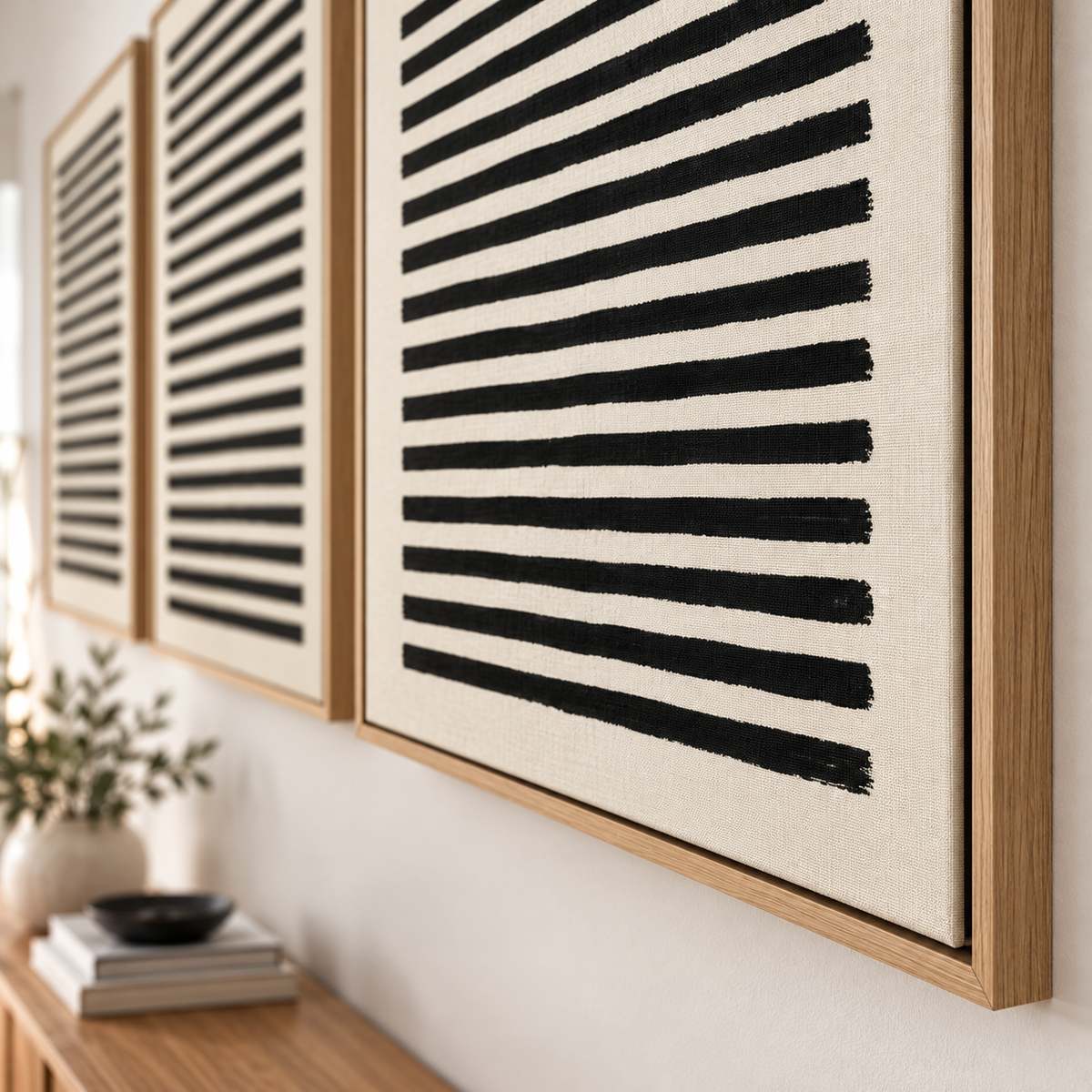 Stripe Wall Art – Ink Ledger close-up of hand-brushed black stripes on canvas with floater frame corner by Rossetti Art