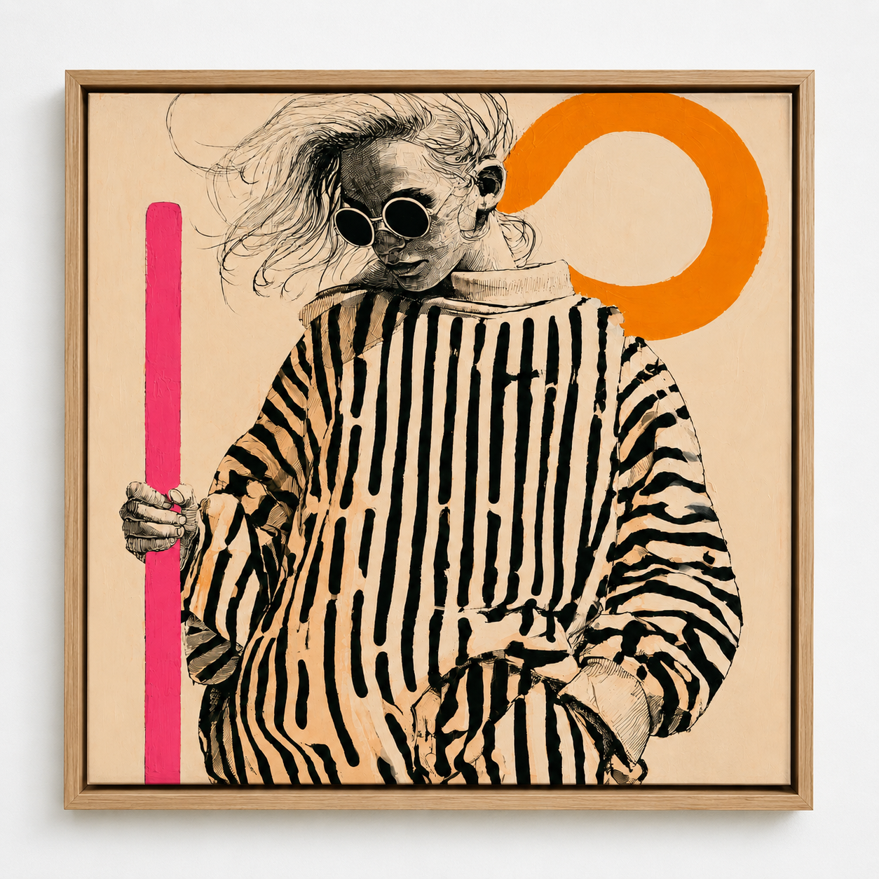 Striped wall art fashion illustration portrait with sunglasses and orange accent – Monochrome Muse by Rossetti Art