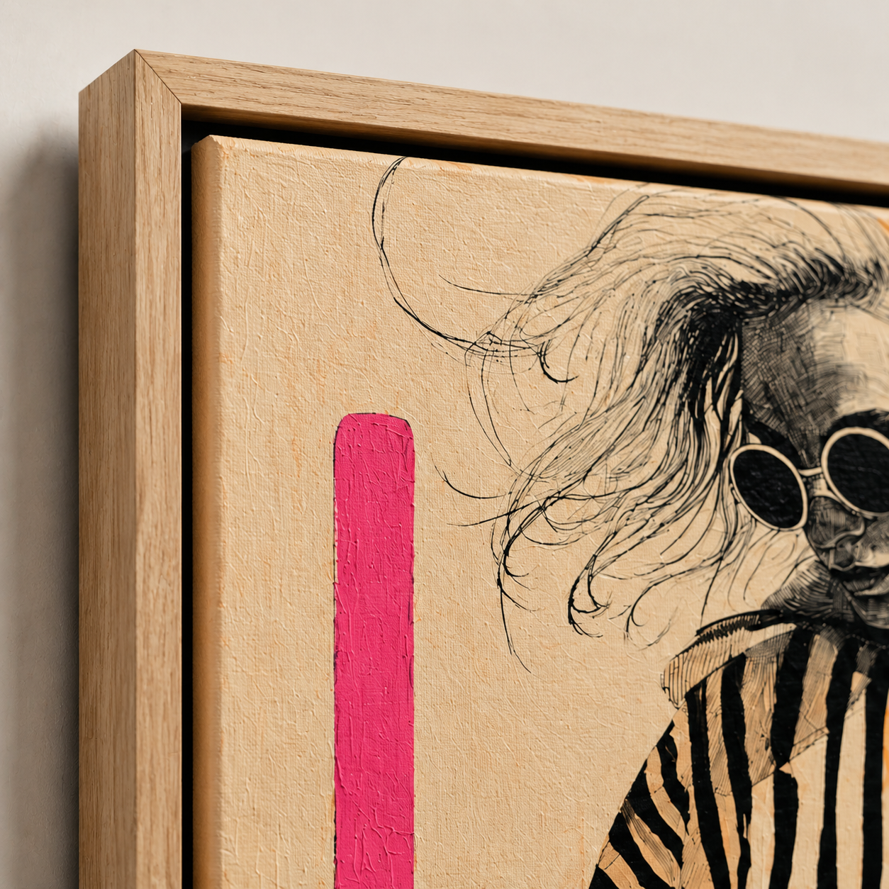 Close-up of the poplar floater frame and ink cross-hatch linework on Monochrome Muse striped wall art canvas