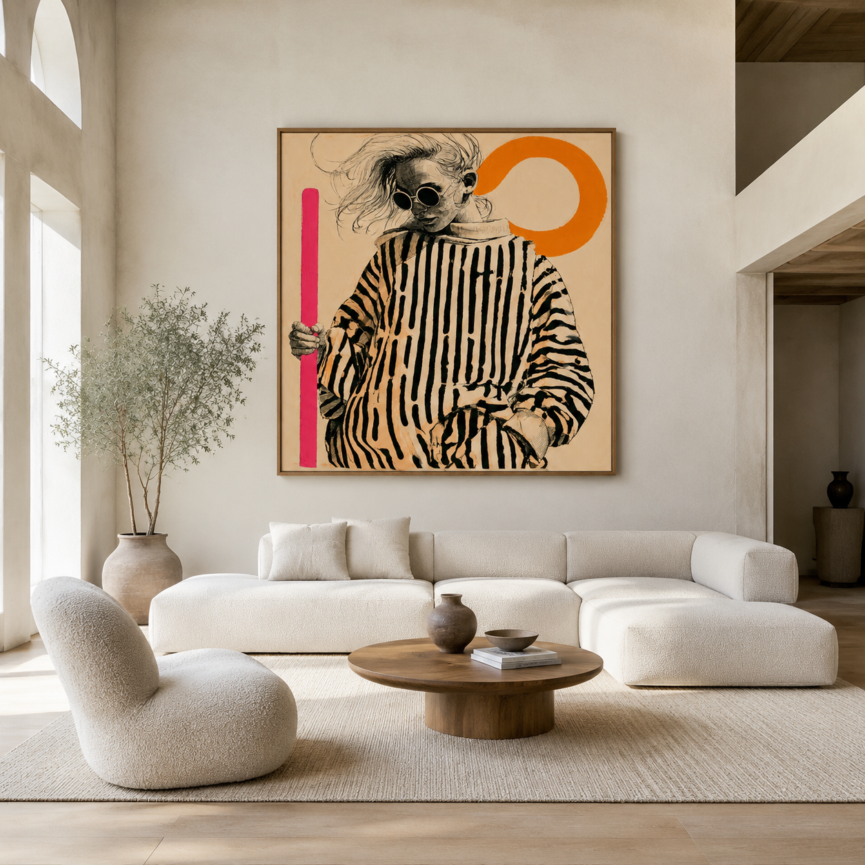 Striped wall art canvas print with poplar floater frame above a living room sofa – Monochrome Muse by Rossetti Art