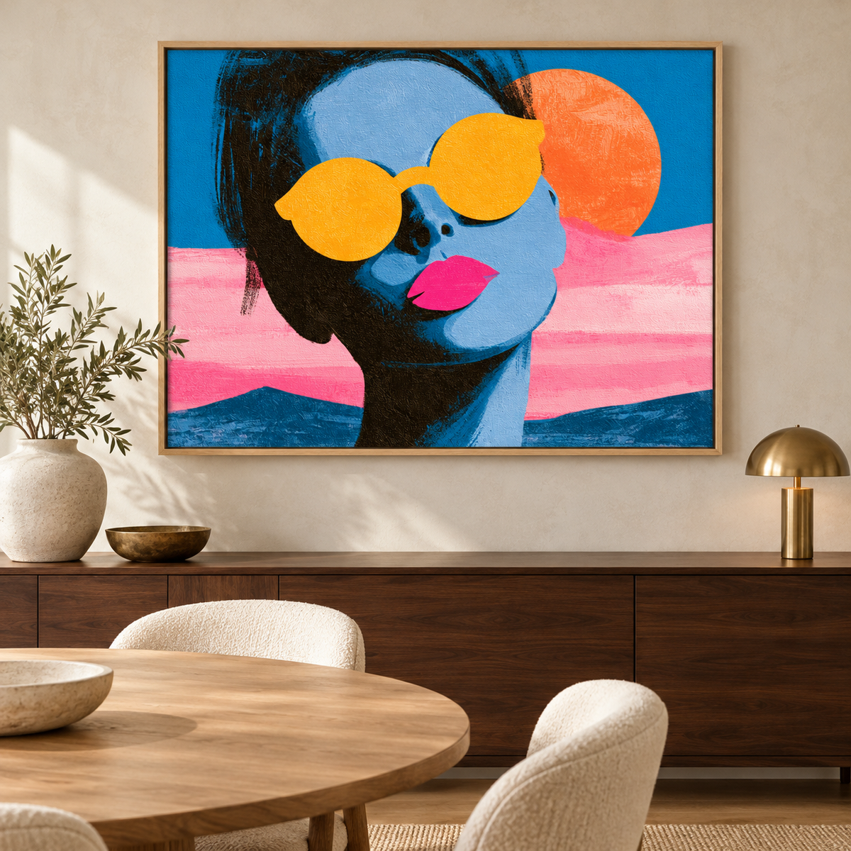 Summer Wall Art – Lemon Lens by Rossetti Art – framed blue and pink pop art portrait above a walnut sideboard in a dining room