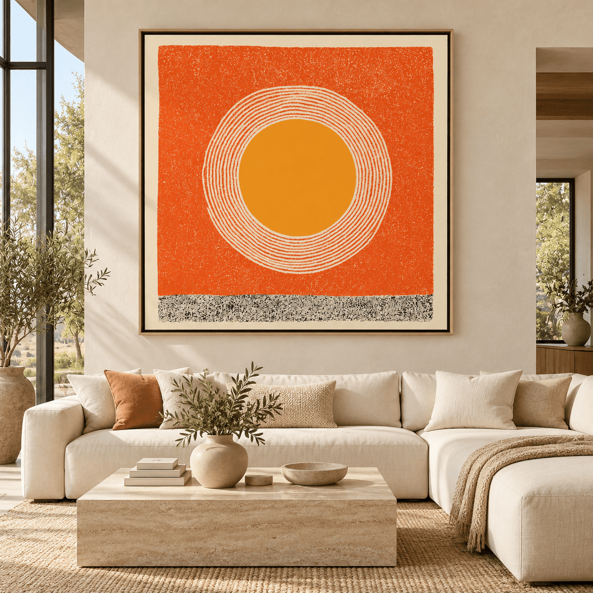 Sun painting in a warm living room above a beige sofa — Amber Halo by Rossetti Art