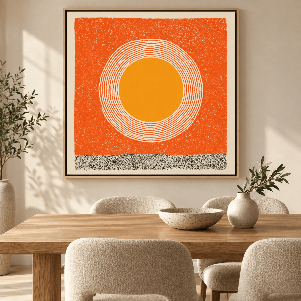 Sun painting framed above a wooden dining table — Amber Halo by Rossetti Art