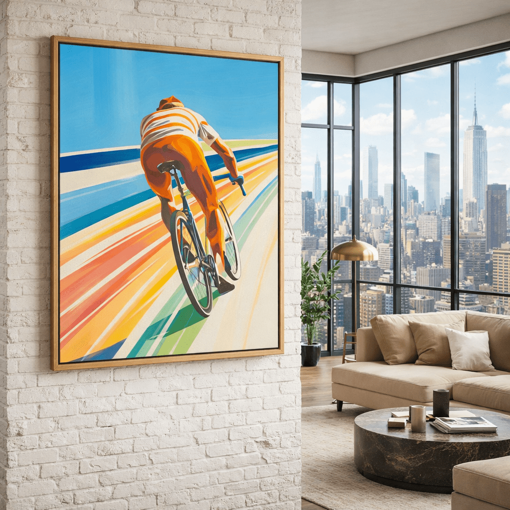 Sunlit Sprint – Colorful Cyclist Canvas Print Art | Modern Abstract Bike Wall Art by Chiara Rossetti modern abstract canvas wall art by Rossetti Art – luxury interior design artwork for living room, bedroom, office – canvas print art Chiara Rossetti Scandinavian interior art