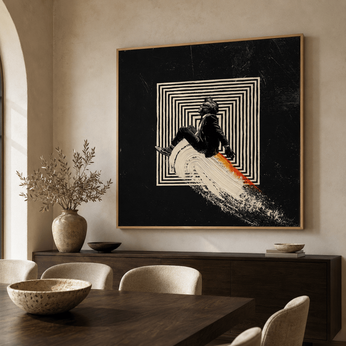 Surreal art painting of a suited figure riding a wave of paint through a maze – Undertow by Rossetti Art, above a dining room sideboard