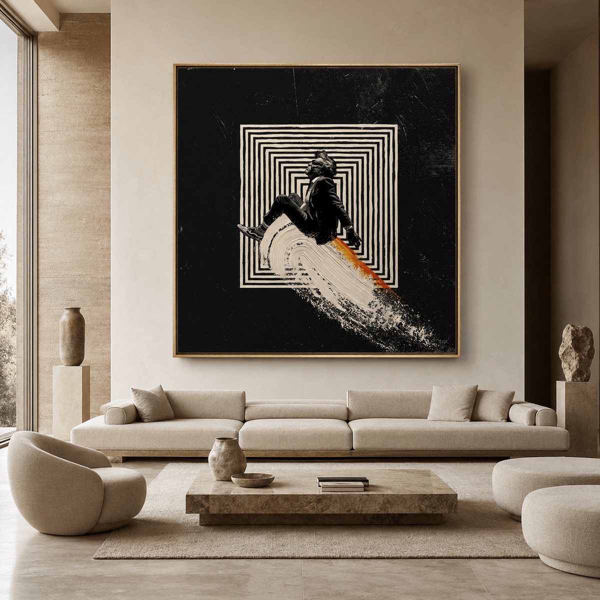 Surreal art painting of a suited figure riding a wave of paint through a maze – Undertow by Rossetti Art, in a modern living room
