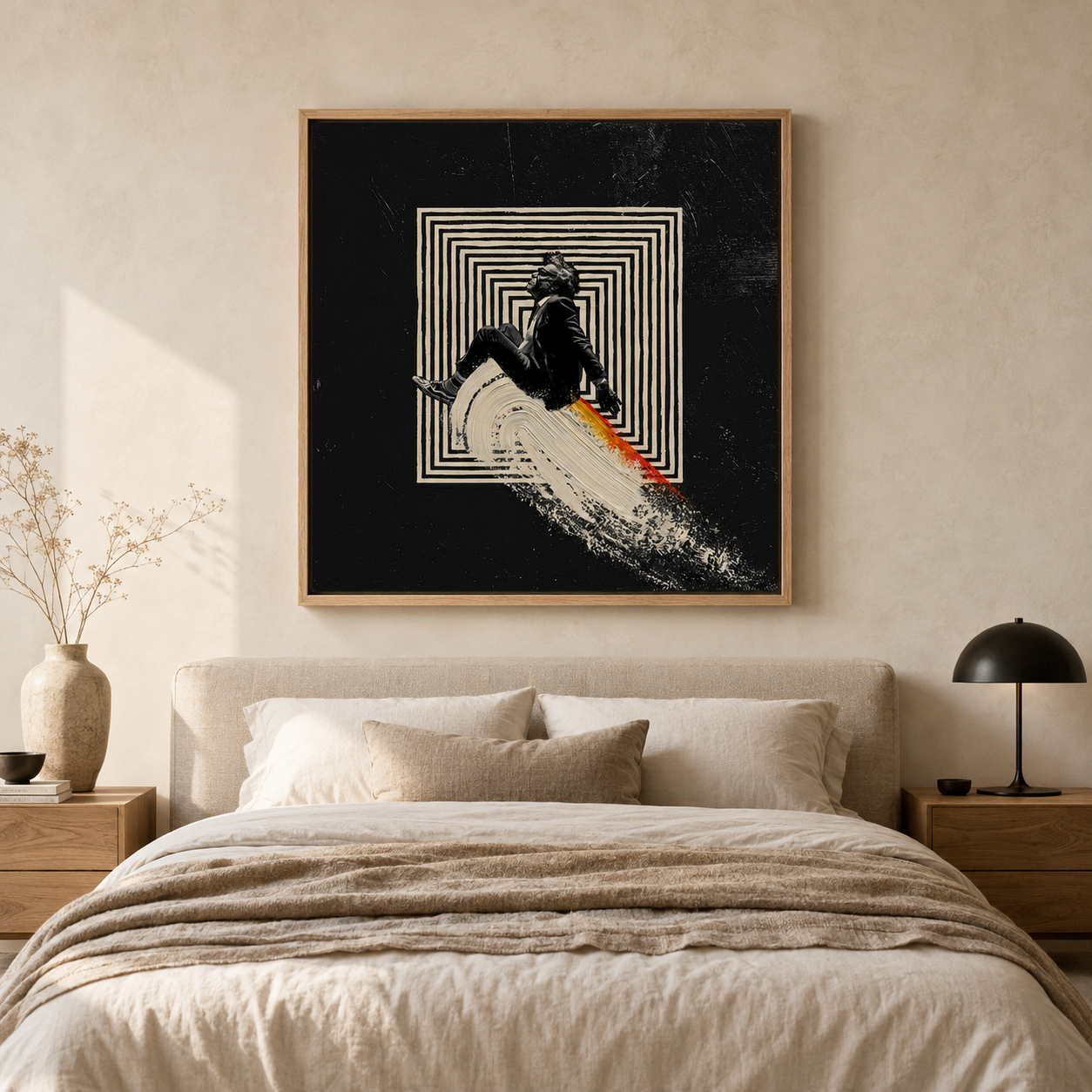 Surreal art painting of a suited figure riding a wave of paint through a maze – Undertow by Rossetti Art, above the bed in a neutral bedroom