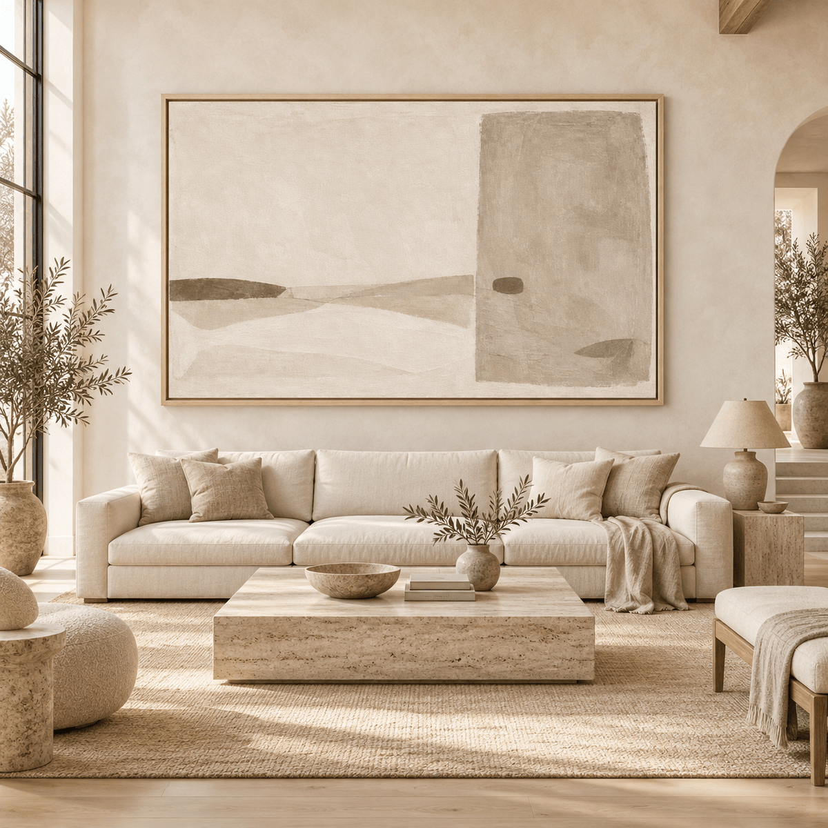 Taupe abstract art canvas print in a warm living room above a beige sofa — Quiet Threshold by Rossetti Art