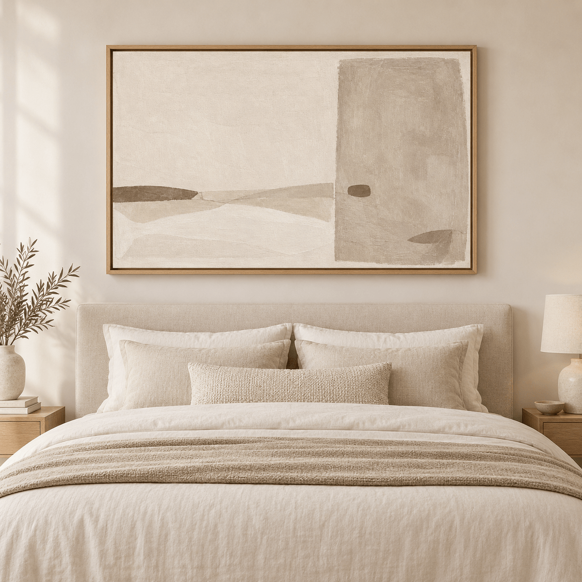 Taupe abstract art canvas print hung above a bed in a neutral bedroom — Quiet Threshold by Rossetti Art