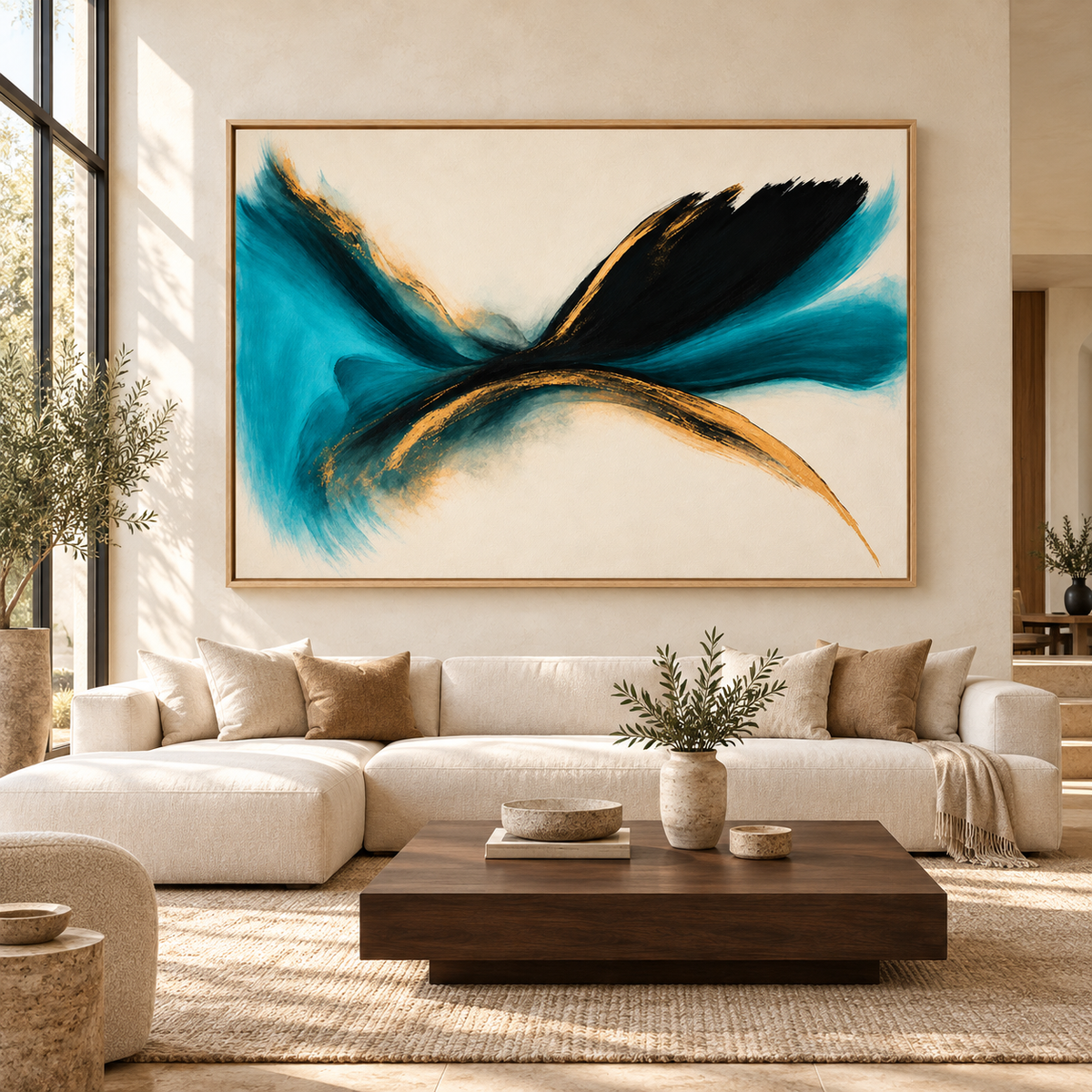 Teal and Black Abstract Wall Art – Large Canvas Print above a Sofa in a Bright Living Room by Rossetti Art