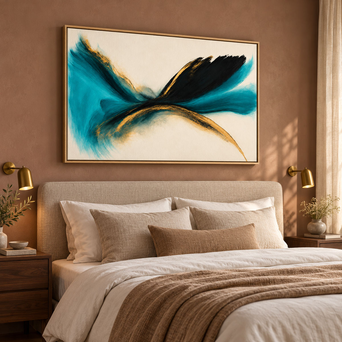 Teal and Black Abstract Wall Art β Canvas Print above a Bed in a Warm Bedroom by Rossetti Art