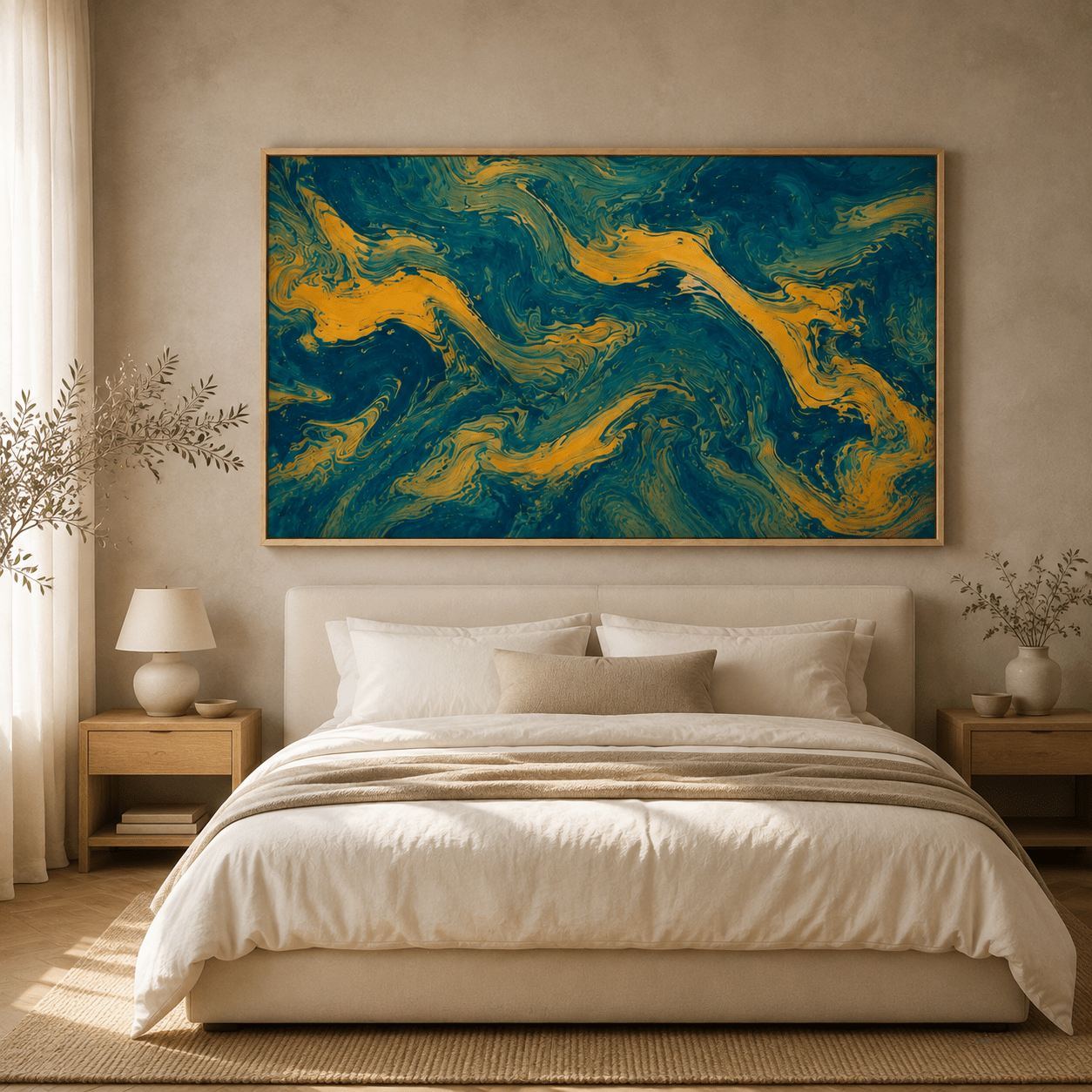 Large teal and gold wall art canvas print above a sectional sofa in a modern living room – Gilded Depths by Rossetti Art