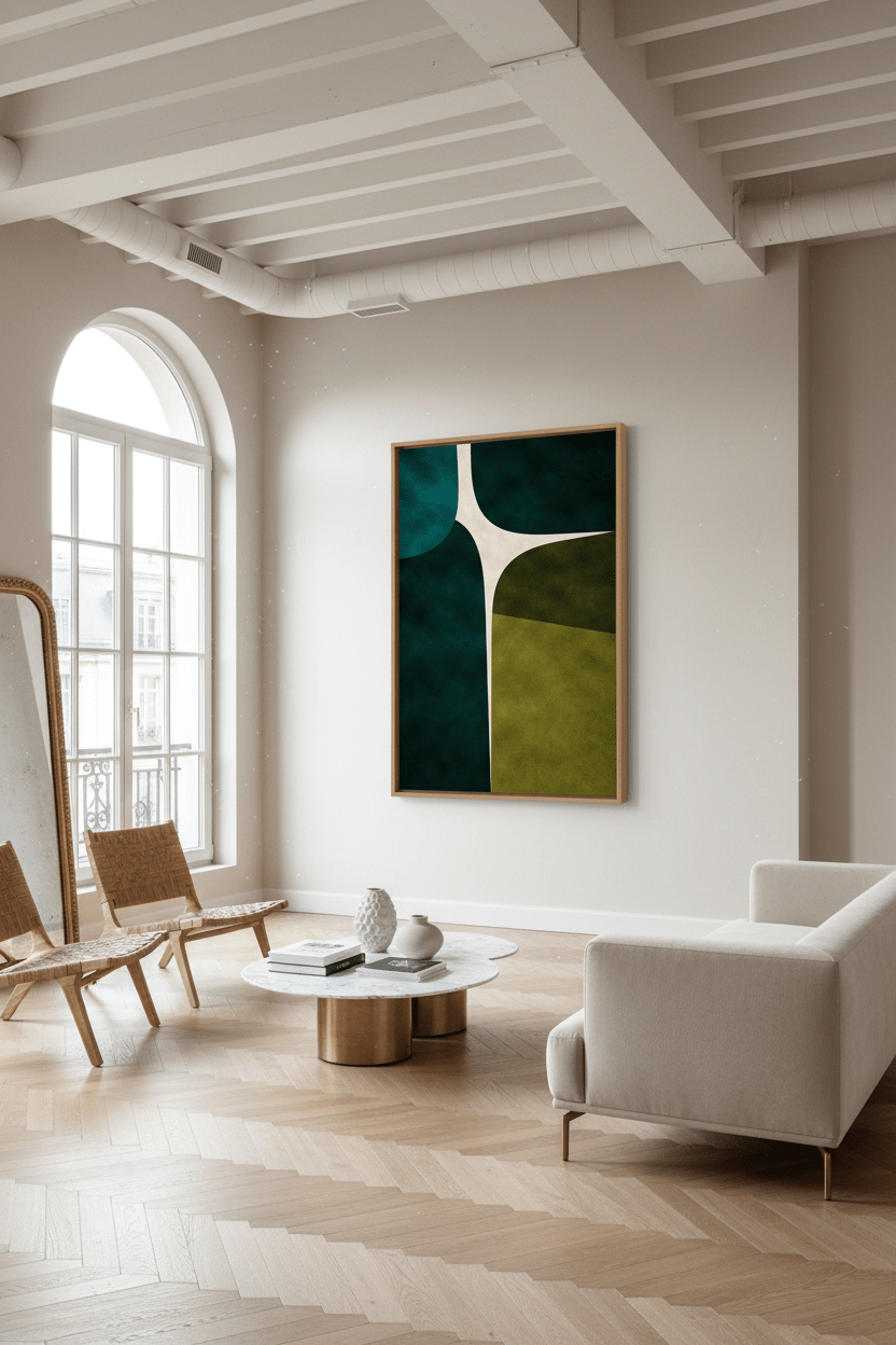Abstract design with geometric shapes in teal, green, and beige on a dark background