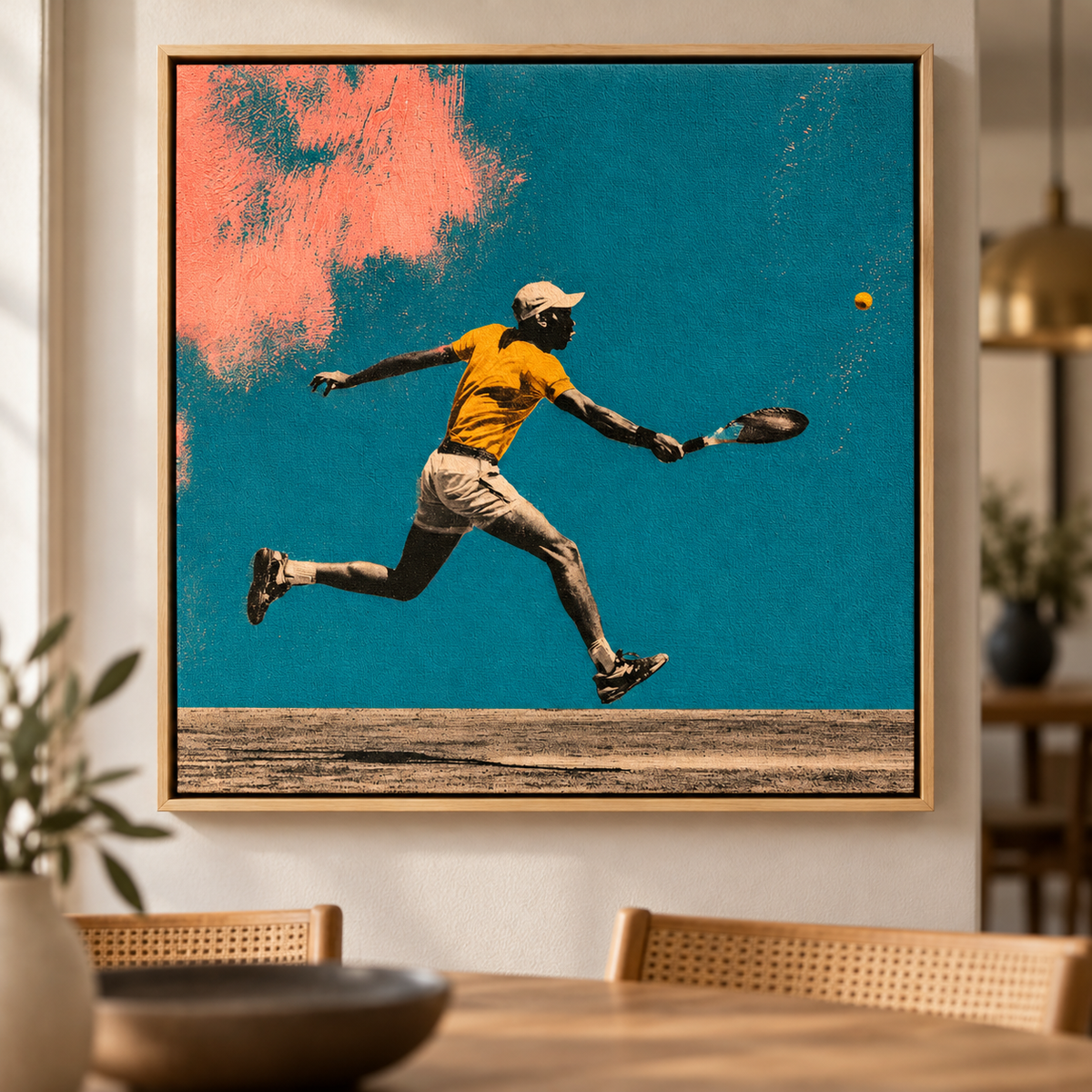 Tennis Art Print Canvas – Courtside Dash by Rossetti Art, close-up of the framed canvas corner and teal texture