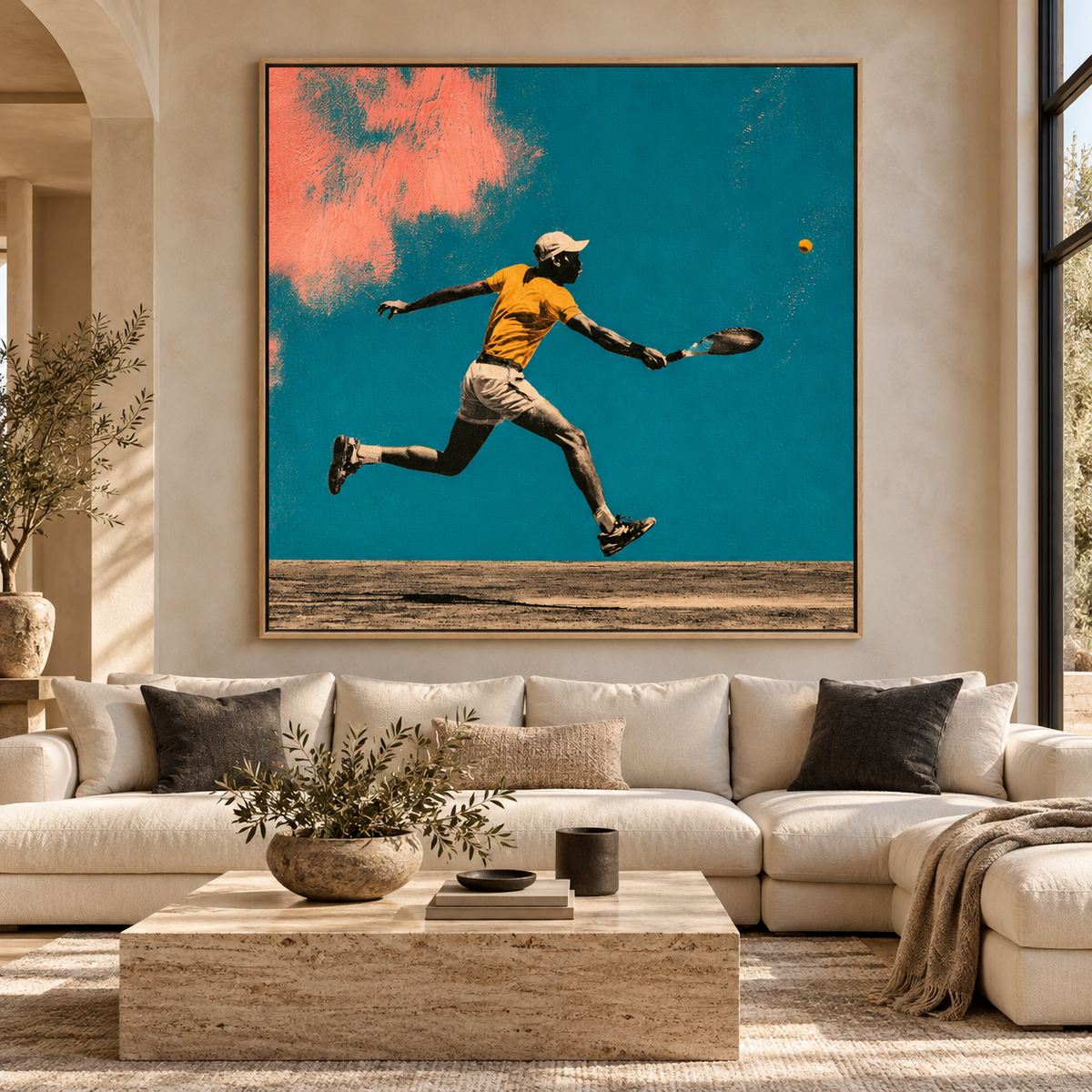 Tennis Art Print Canvas – Courtside Dash by Rossetti Art, framed tennis art above a cream sofa