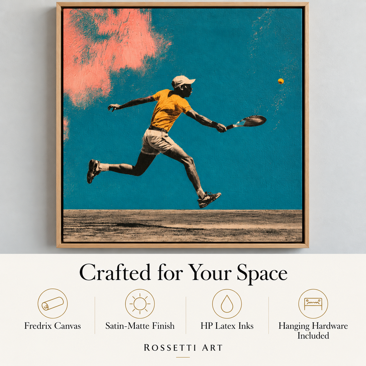 Tennis Art Print Canvas – Courtside Dash by Rossetti Art, framed tennis artwork with size and material details