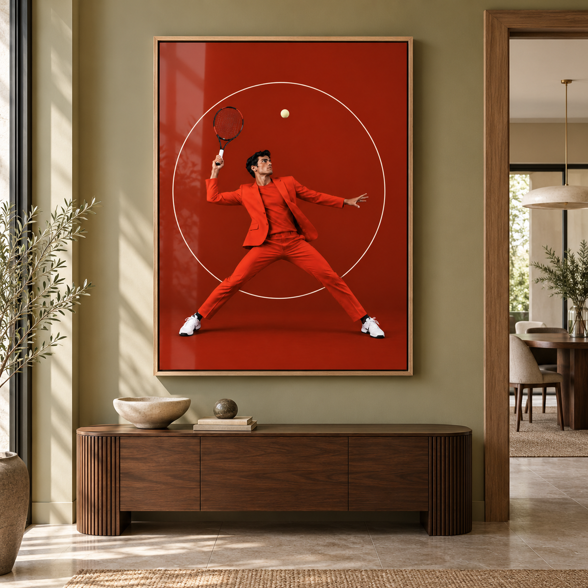 Tennis decor vertical acrylic print above a walnut console