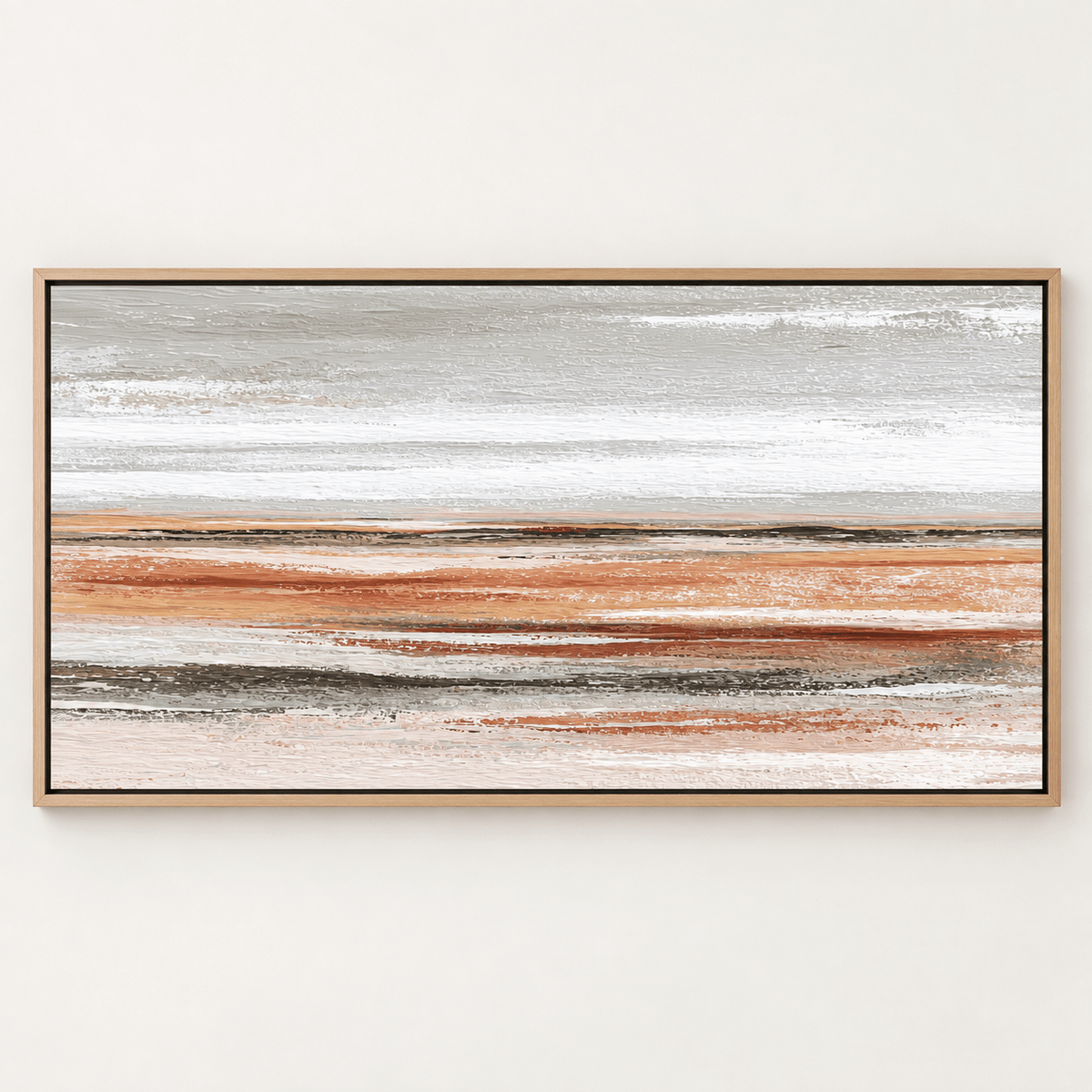 Amber Horizon terracotta and grey abstract landscape painting in a natural oak frame — Rossetti Art