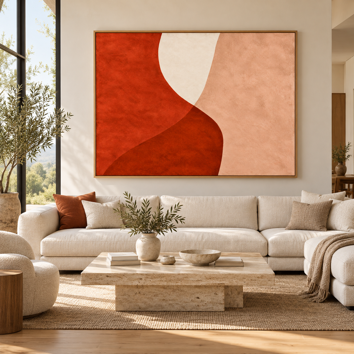 Terracotta Abstract Wall Art – Clay Tide canvas print by Rossetti Art above a cream sofa in a bright living room