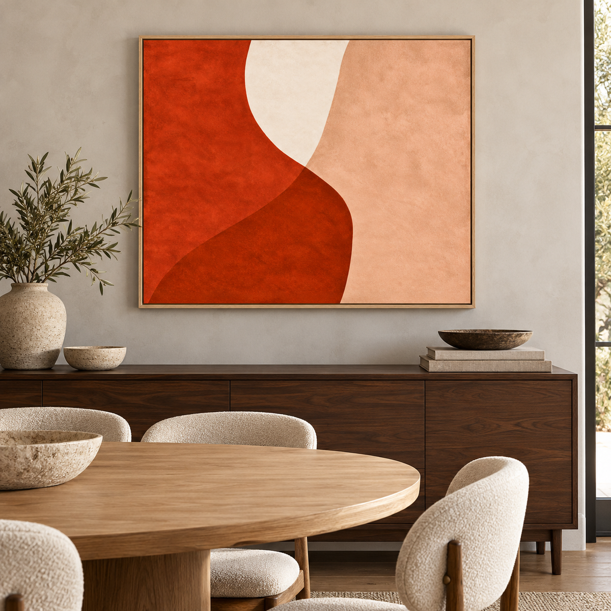 Terracotta Abstract Wall Art – Clay Tide canvas print by Rossetti Art above a wooden sideboard in a dining room