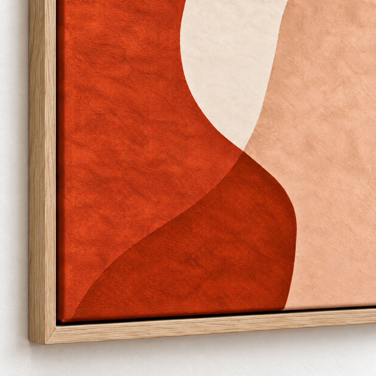 Terracotta Abstract Wall Art – Clay Tide canvas print by Rossetti Art, close-up of the oak floater frame corner and wave detail