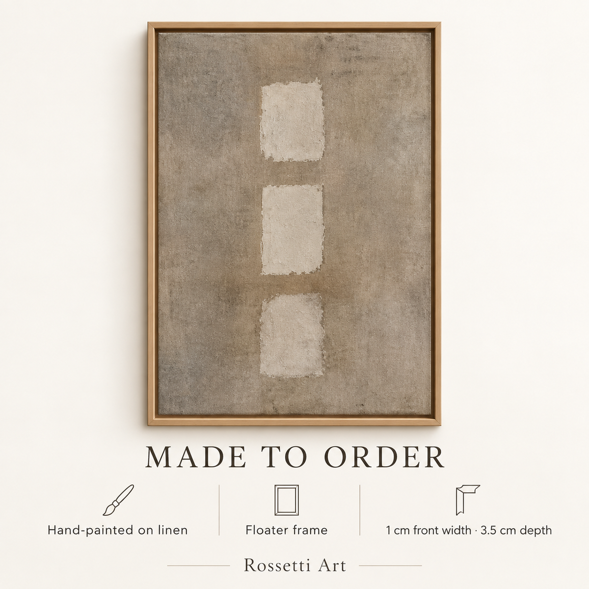 Textured Canvas Painting – Threefold Quiet hand-painted on linen with floater frame, made to order by Rossetti Art