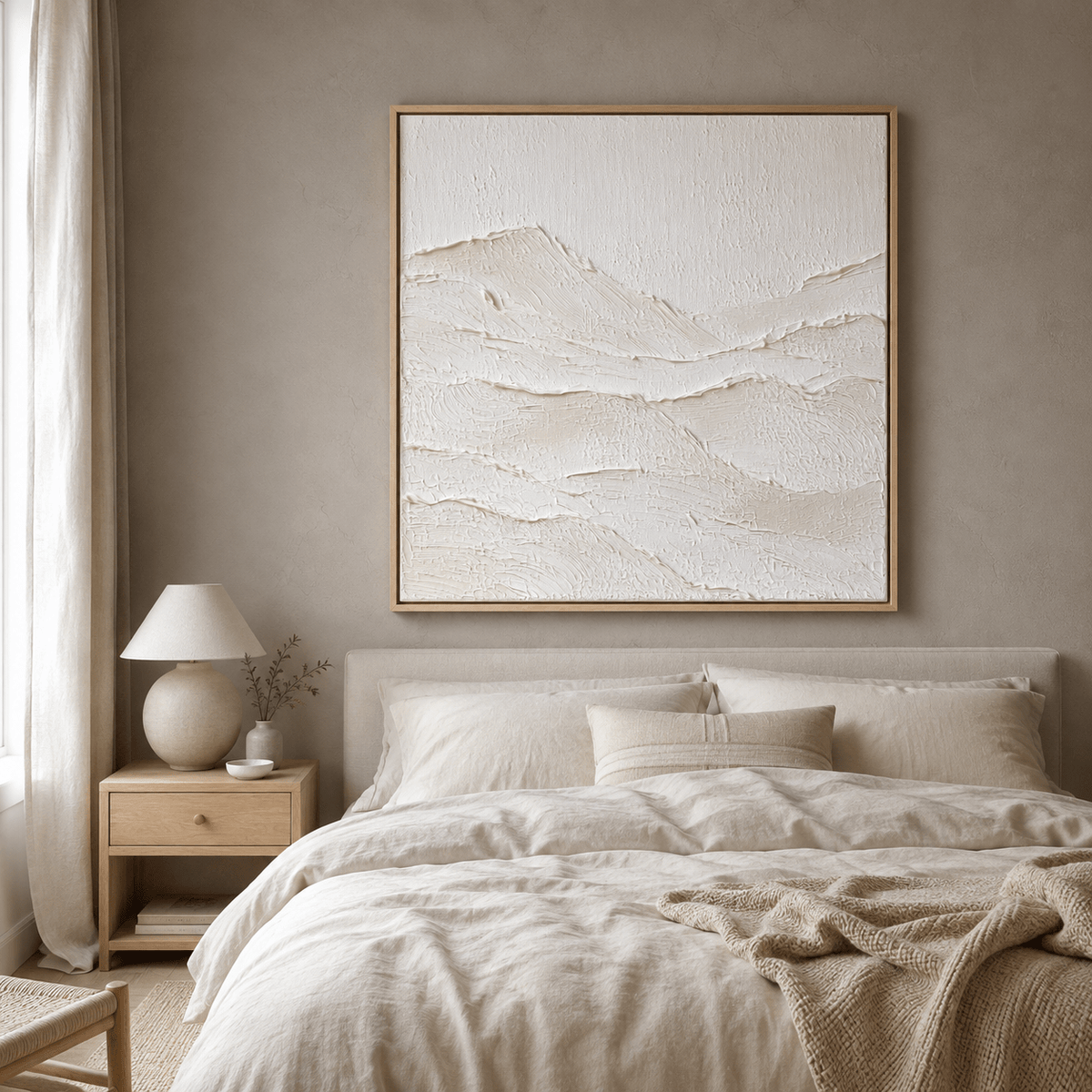 Textured wall art with hand-built ridge relief above a bed – Still Range by Rossetti Art