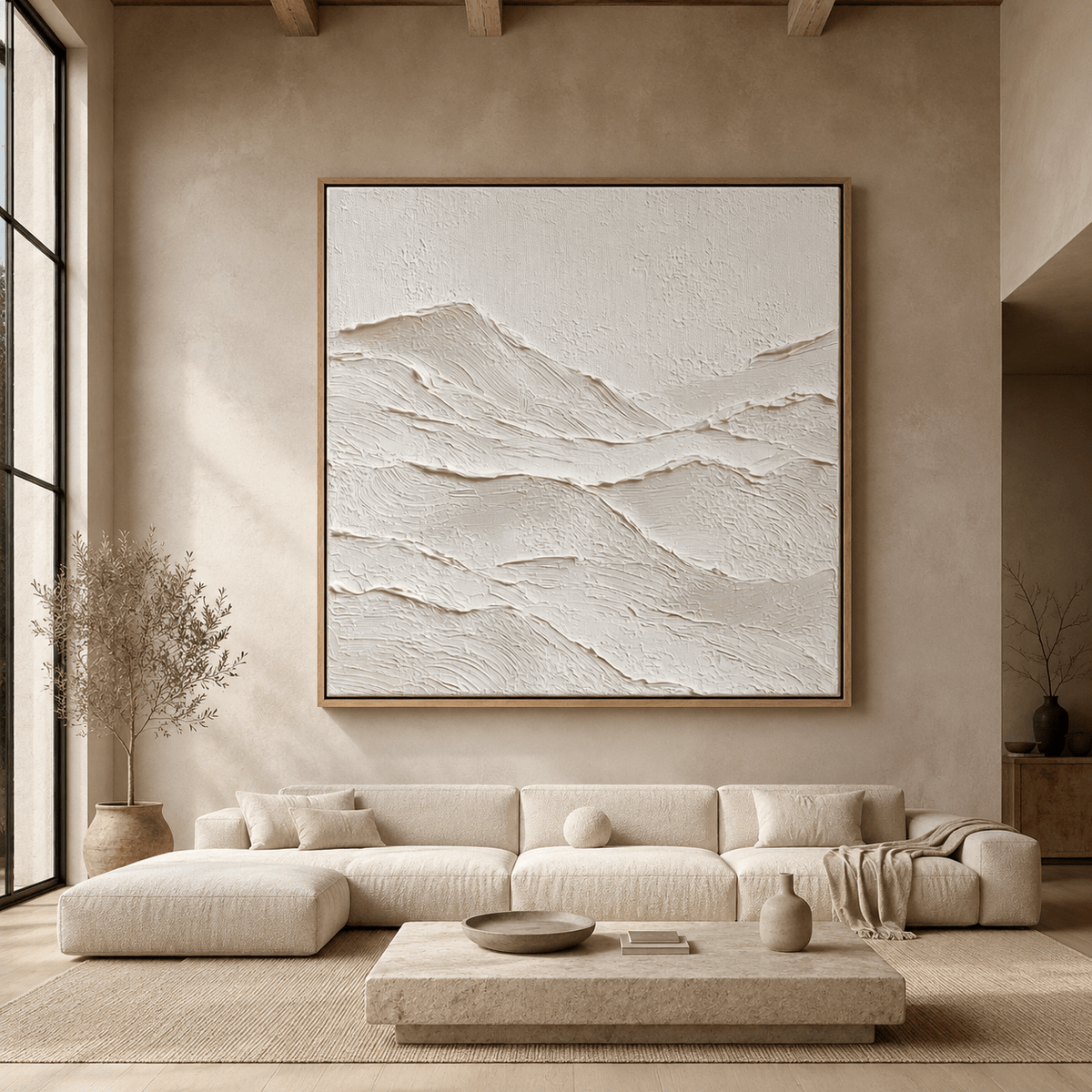 Textured wall art with hand-built ridge relief in a modern living room – Still Range by Rossetti Art