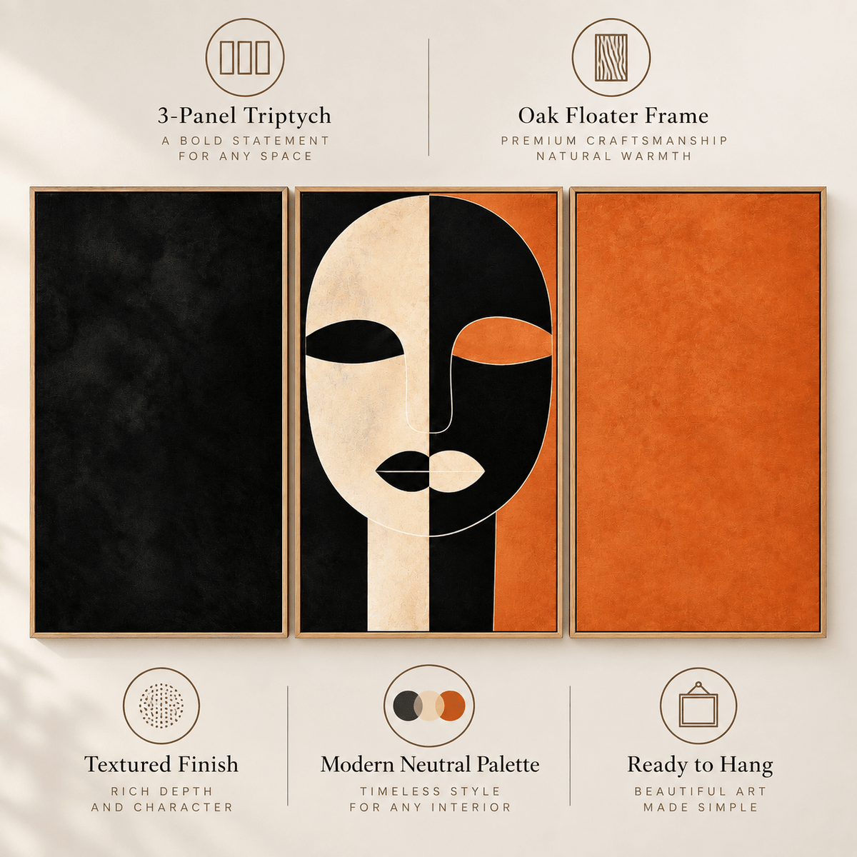 Triptych wall art – Ochre Divide three-panel abstract canvas set in floater frames with feature callouts by Rossetti Art