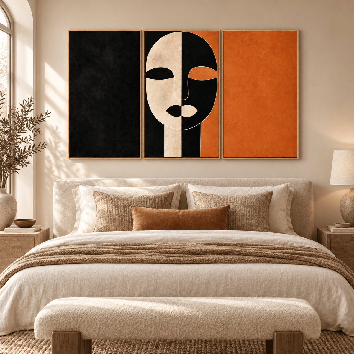 Triptych wall art – Ochre Divide abstract canvas set above a bed in a warm neutral bedroom by Rossetti Art