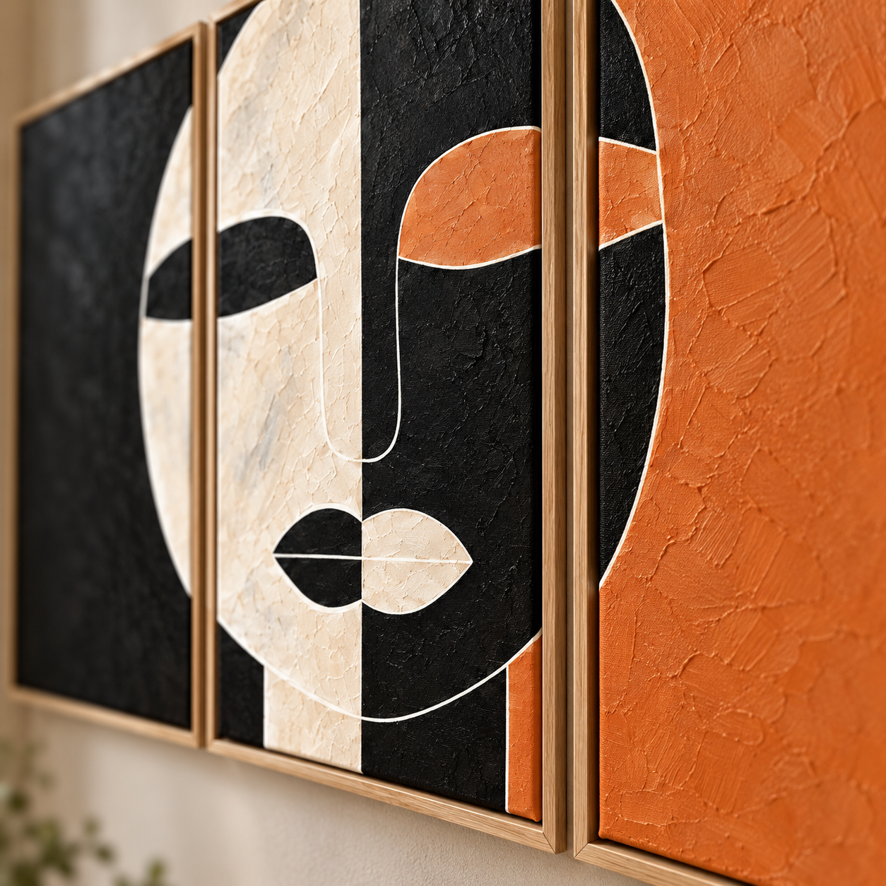 Close-up detail of the textured black, ivory, and terracotta panels on Ochre Divide by Rossetti Art