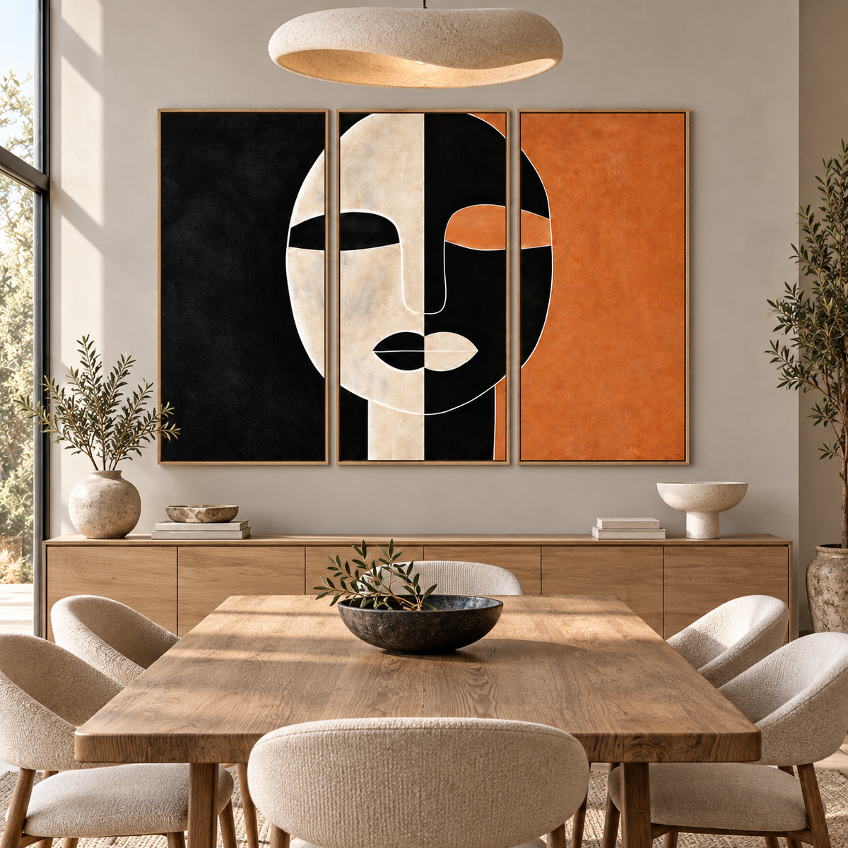 Triptych wall art hanging above a wood credenza in a dining room – Ochre Divide by Rossetti Art