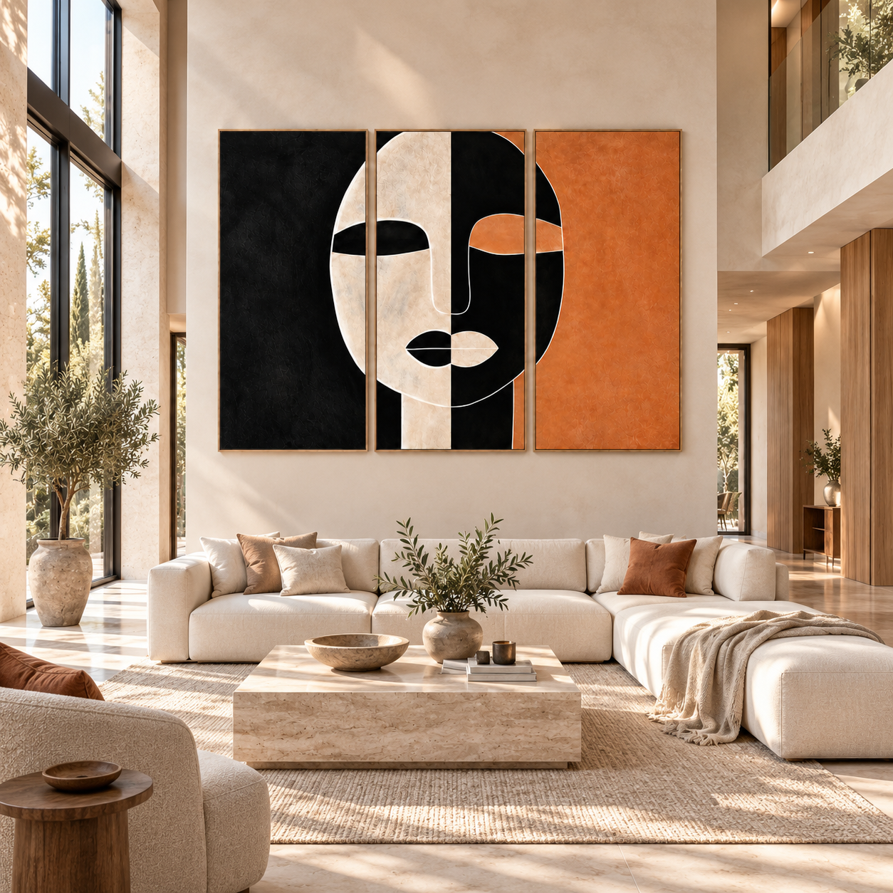 Triptych wall art canvas set on a double-height living room wall – Ochre Divide by Rossetti Art