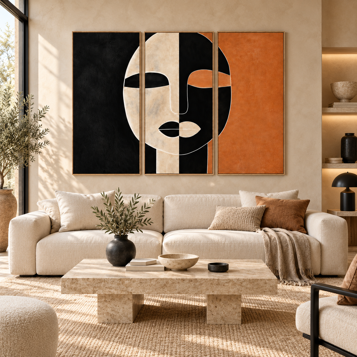 Triptych wall art canvas set hanging above a sectional sofa in a living room – Ochre Divide by Rossetti Art