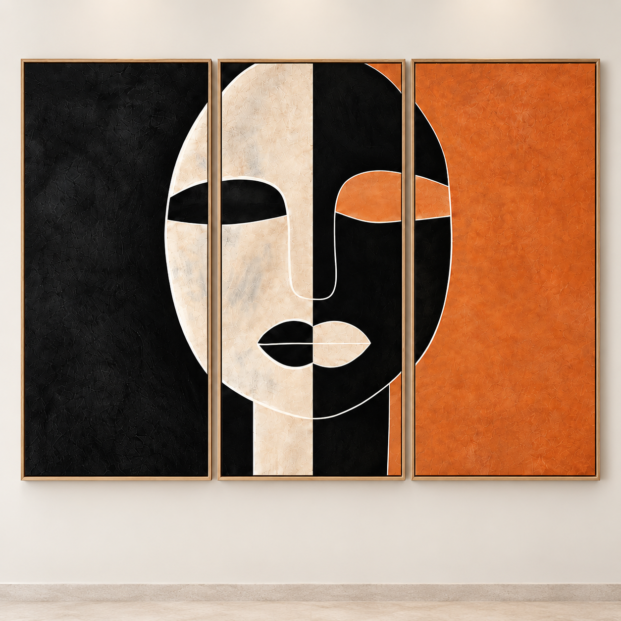 Triptych wall art canvas set with a divided abstract face design – Ochre Divide by Rossetti Art