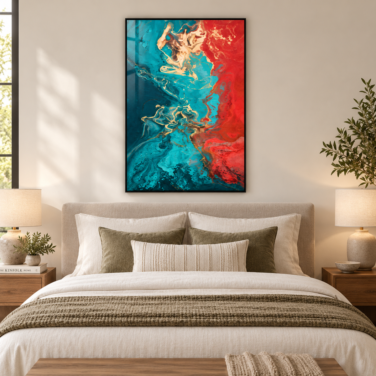 Turquoise wall art – red, gold and turquoise fluid abstract acrylic print in a black frame above a bed in a warm bedroom by Rossetti Art