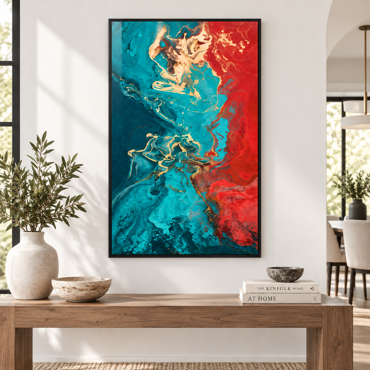 Turquoise wall art – vertical turquoise and red fluid abstract acrylic print in a black frame above a wooden console table by Rossetti Art