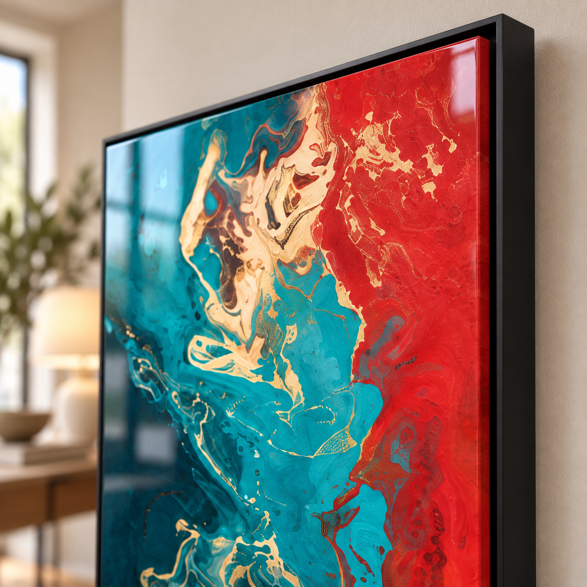 Turquoise wall art – close-up of the glossy acrylic surface and black floater frame corner of a turquoise and red fluid abstract print by Rossetti Art